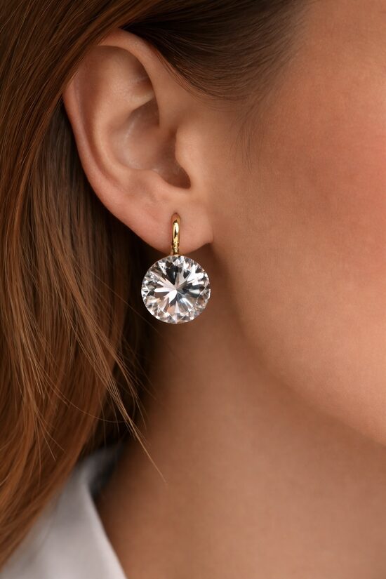 Rozā zelta lux auskari ar baltu swarovski kristālu A81