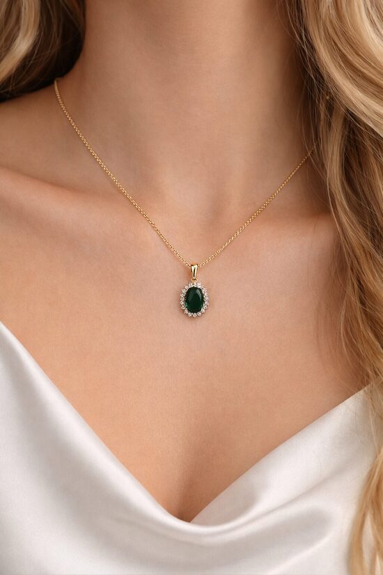 Rozā zelta lux kaklarota ar smaragdzaļu cirkoniju GH55