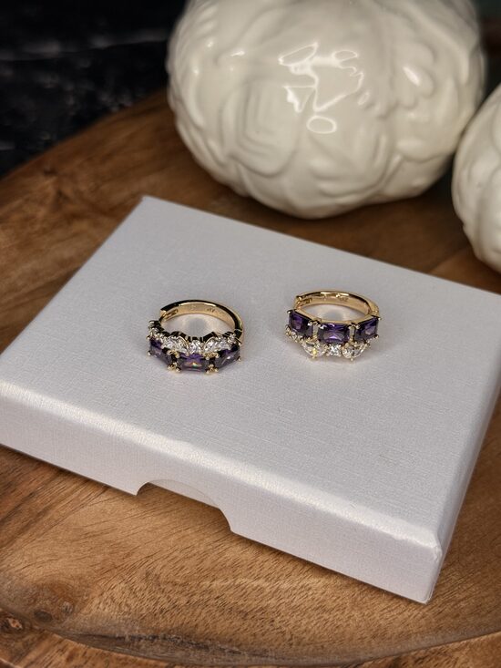 Rozā zelta riņķīšu auskariņi ar ametista un baltiem cirkonijiem RP10