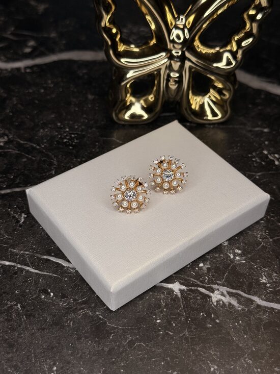 Rozā zelta nagliņu auskariņi lux - ar pērlītēm un cirkonijiem 