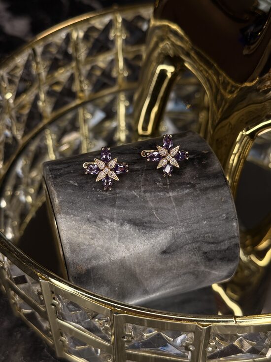 Rozā zelta lux auskariņi ar ametista violetiem cirkonijiem GH32