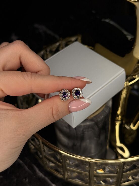 Rozā zelta auskariņi ar ametista un baltiem cirkonijiem EE7