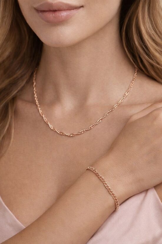 Komplekts - pīta ķēdīte un pīta rokassprādze (rozā zelta)